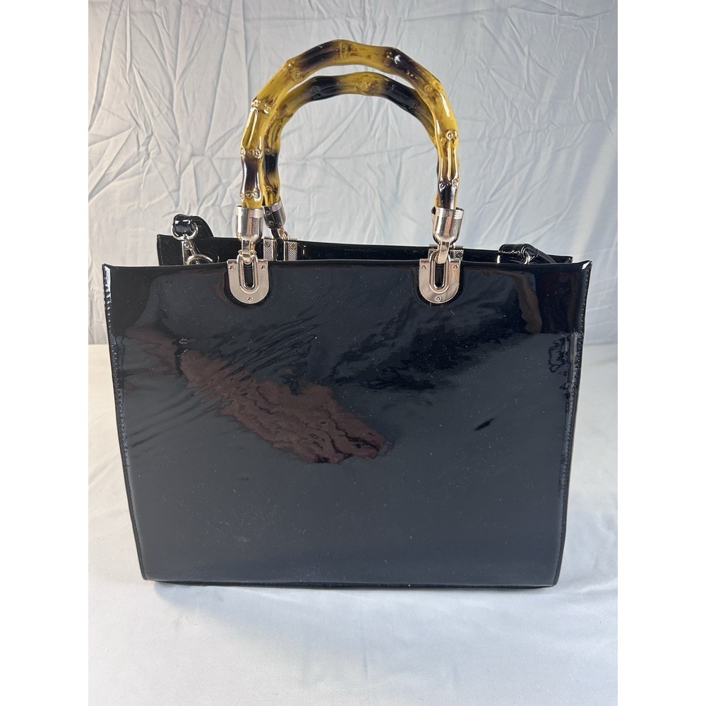 Black Patent Leather Tote Bag Bamboo Handle Gold Hardware Shoulder Strap